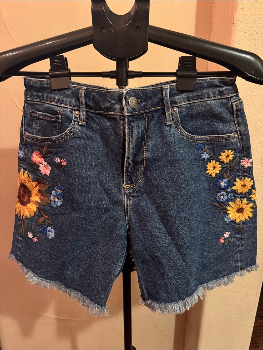 DRIFTWOOD Dark Blue Denim Shorts with Sunflower Embroidery